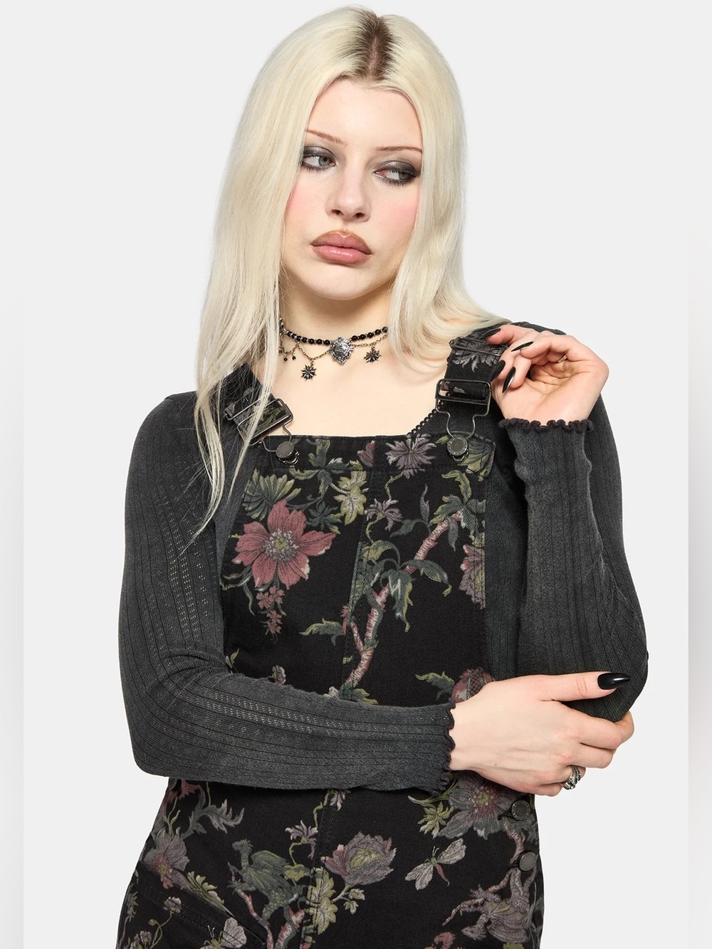 Disturbia | Poison Eden Print Denim Dungaree Short - Picture 2 of 7